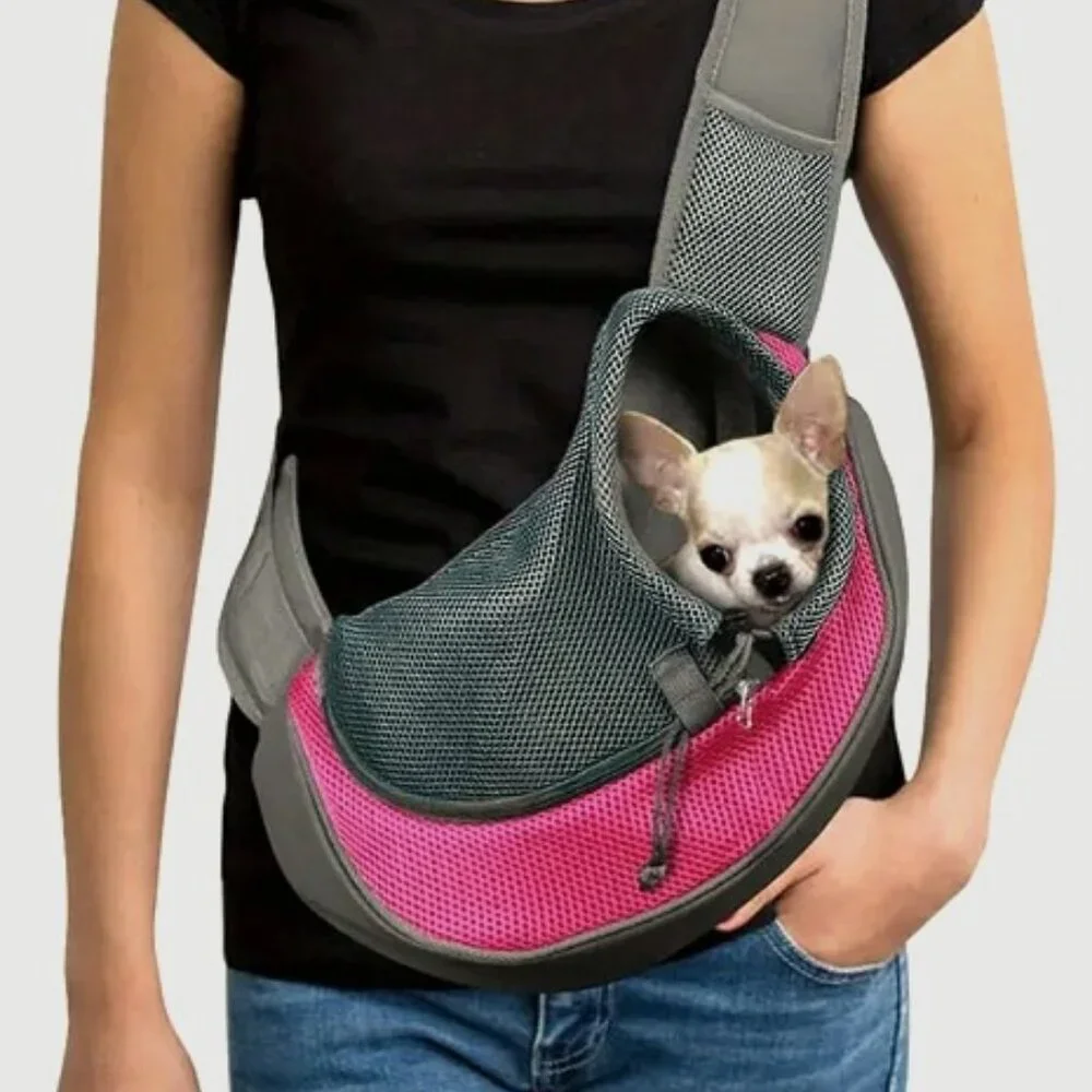 PET SLING - NEW / LARGE / PINK - Dog Cat Carrier Bag Mesh Leather Shoulder Strap